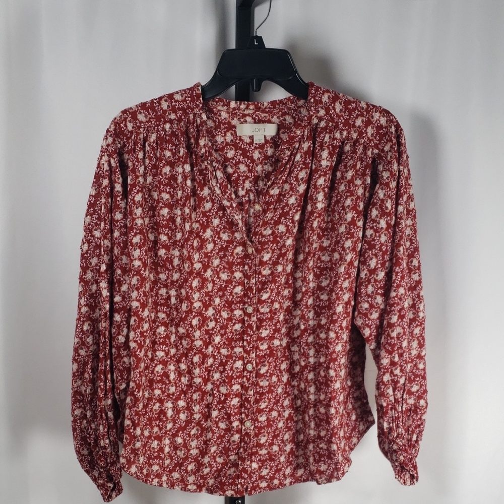 LOFT Red Floral Button Up Blouse - SZ S